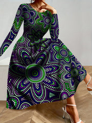 Women's Elegant Long Sleeve Maxi dress - Formal to Casual Party, Beach Vacation & Everyday Outfits - Machine Washable A-Line Dress in Purple & Green color combination - All-Season Women's Clothing, Comfortable Fit