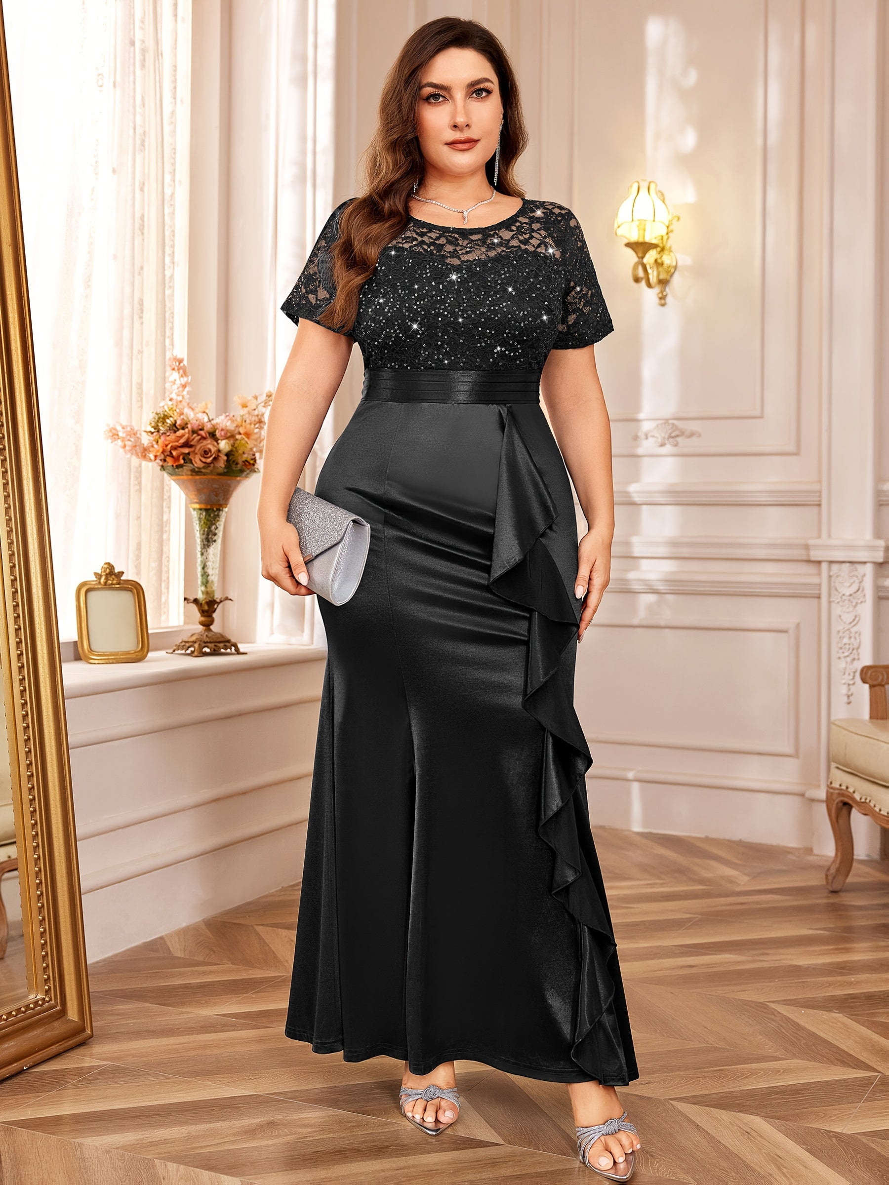 P54328A Elegant Women's Plus Size Lace Contrast Satin Sequin Bridesmaid Dress, Round Neck Short Sleeve, Empire Waist, Slim Fitting, Ruffled Mermaid Hem, Perfect for Formal Evenings, Weddings, Parties SHOWLU FASHION STORE