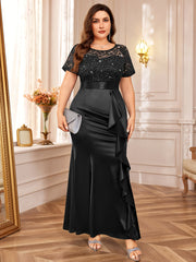 P54328A Elegant Women's Plus Size Lace Contrast Satin Sequin Bridesmaid Dress, Round Neck Short Sleeve, Empire Waist, Slim Fitting, Ruffled Mermaid Hem, Perfect for Formal Evenings, Weddings, Parties SHOWLU FASHION STORE