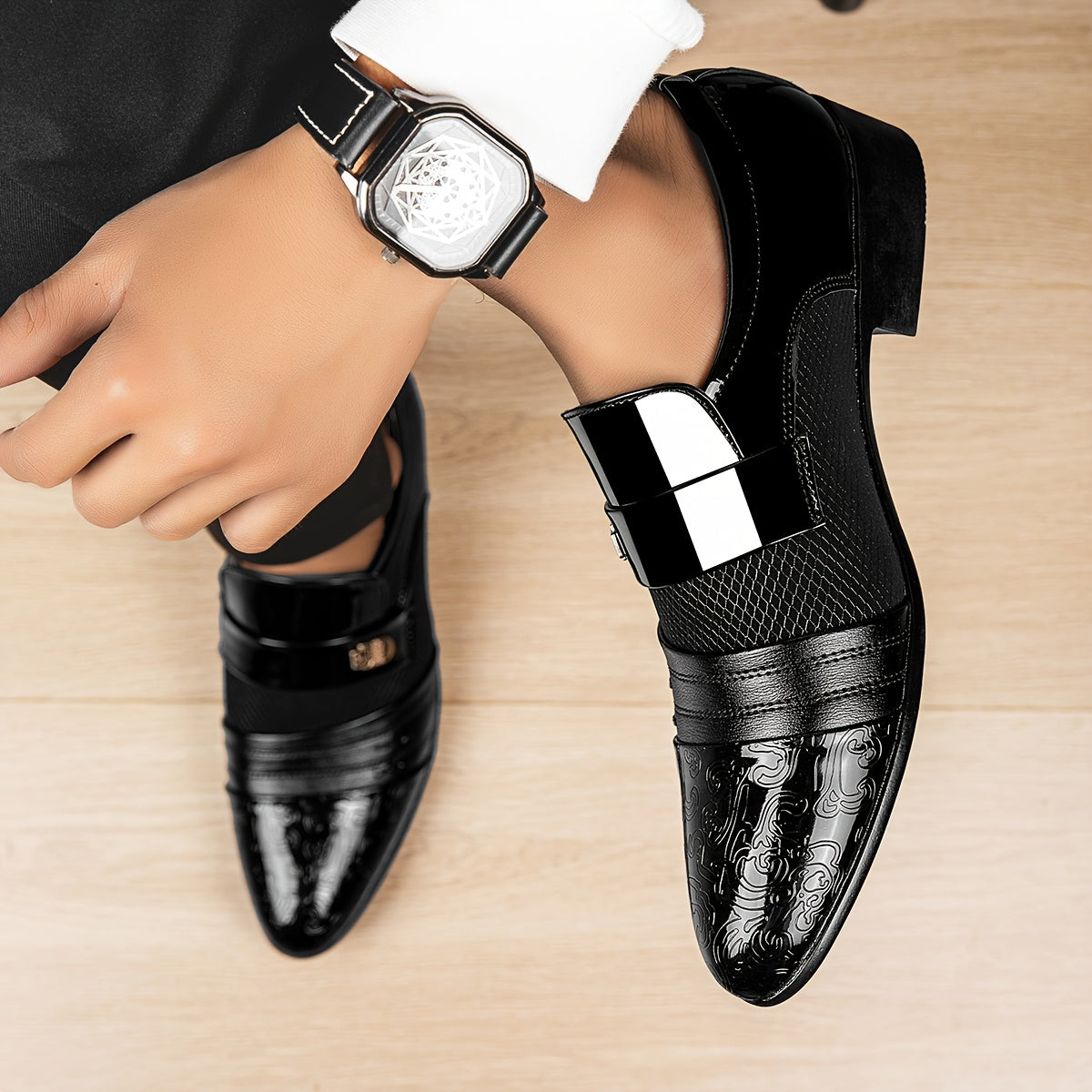 SHOWLU Men's black embossed slip-on dress shoes with pointed toe loafers, stylish and sleek for formal occasions.