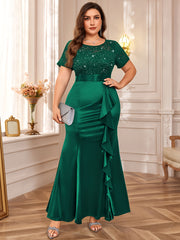 Plus Size, P54328A Elegant large size Women's lace contrasting satin sequined bridesmaid dress, round neck short sleeves, ruffle edge mermaid hem, very suitable for formal parties, parties, weddings
