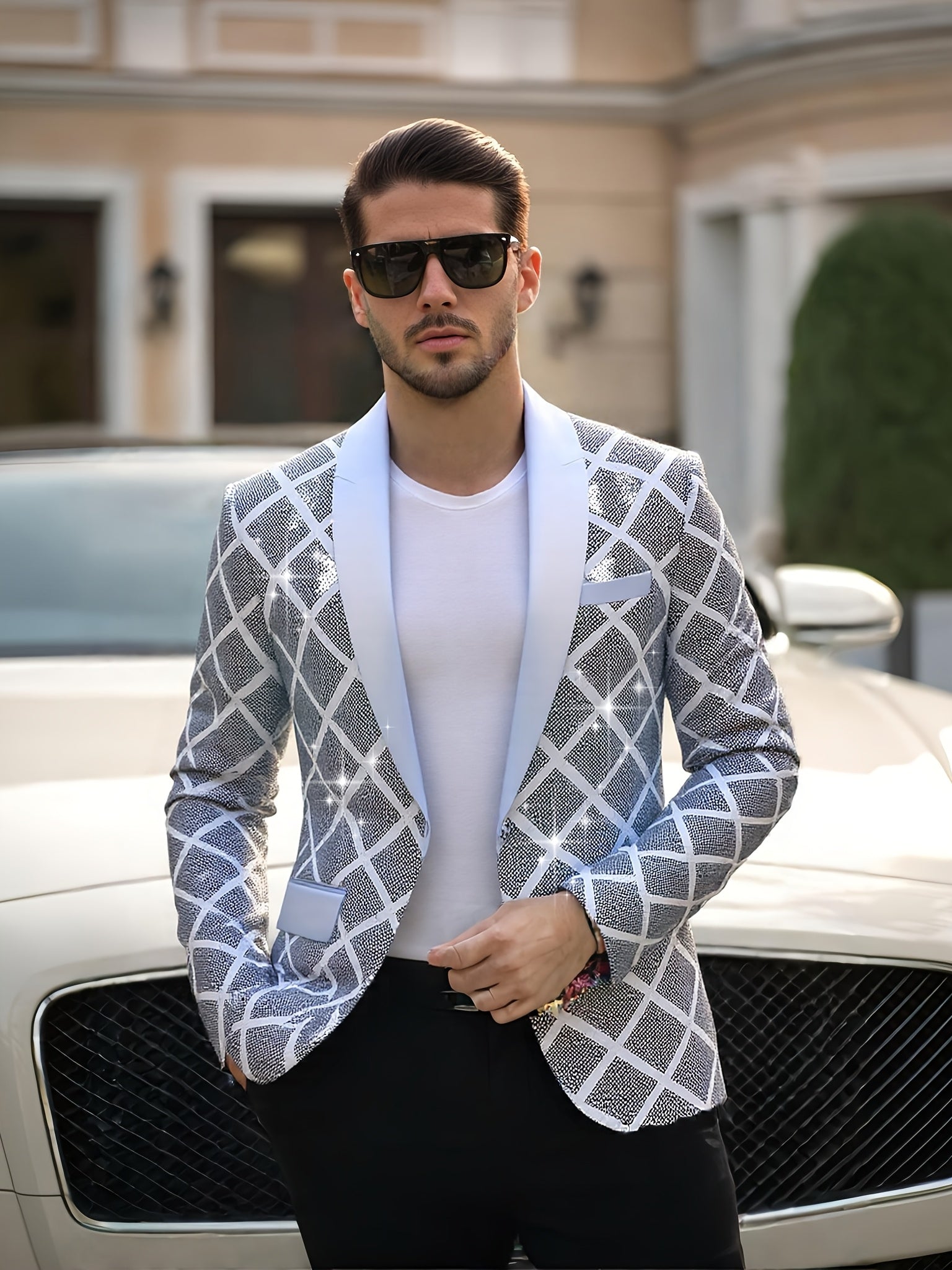 Men's Sequin-Embellished Blazer - Notched Lapel Party Jacket, Structured H-Fit Formal Coat for Weddings, Stage Performances, Events - Year-Round Evening Attire with Button Front Closure, Wedding Guest Attire, Notch Lapel Desi