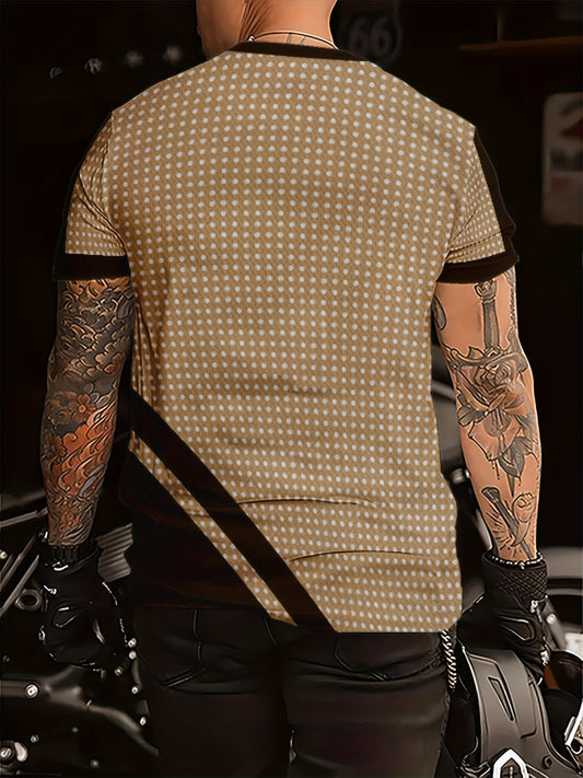 [Trendy T-Shirt] Comfortable Breathable Men's Polka Dot Short Sleeve T-Shirt | Regular Fit All-Season Casual Top with Contrast Brown Accents, Machine Washable, Trendy Urban Style, Durable Casualwear
