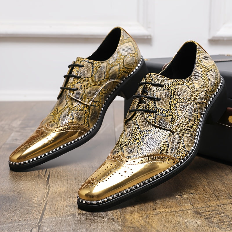 Men's SHOWLU FASHION Golden Diamond Pattern Brogue Loafers with pointed toe, stylish leather dress shoes for men.