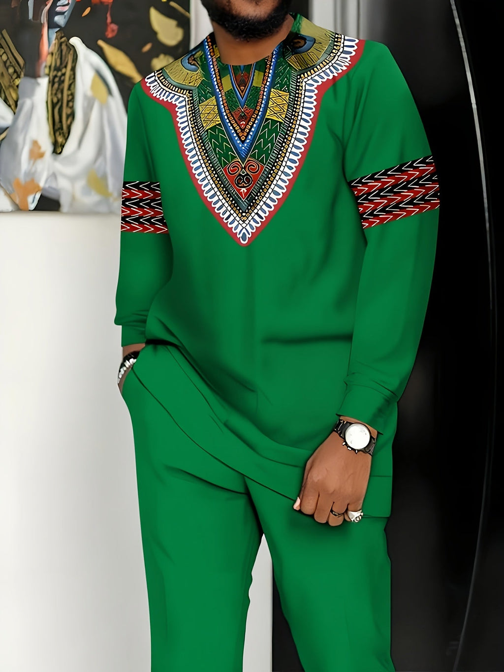 SHOWLU Men's African-inspired knit suit in white polyester, plus size set featuring intricate African-inspired patterns and tailored fit.