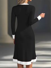 Elegant Women's V-Neck Midi Dress with Contrast Black Trim & Pockets - Long Sleeve A-Line Skirt, Button Detail, Machine Washable Work Commute Dress for Spring Summer Fall, Nontransparent Material, Medium Elasticity Fabric, Of
