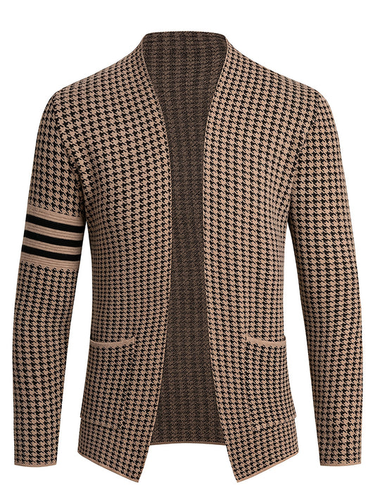 Men'S Chic Urban Knit Cardigan - Slim Fit, Long Sleeve, High-Stretch Fabric with Contrast Trim for Fall/Winter, Business Casual Outerwear