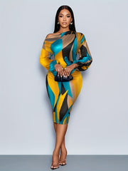 Elegant Off-Shoulder Geometric Print Dress for Women - High Stretch, Machine Washable, Bodycon Fit with Pleated Detail, Perfect for Parties & Events, Formal Gathering Outfit | Elegant Offshoulder Dress | Vibrant Color Dress,