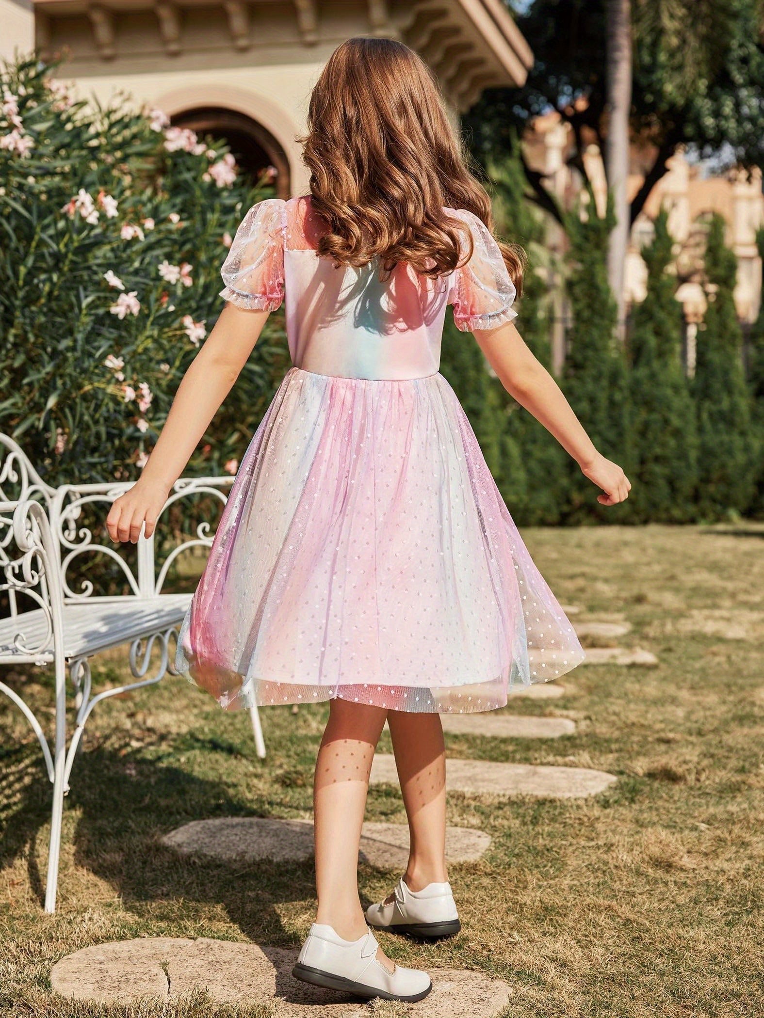 SHOWLU Girls mesh puffy short sleeve A-line knee-length party dress with a layered skirt and delicate details.