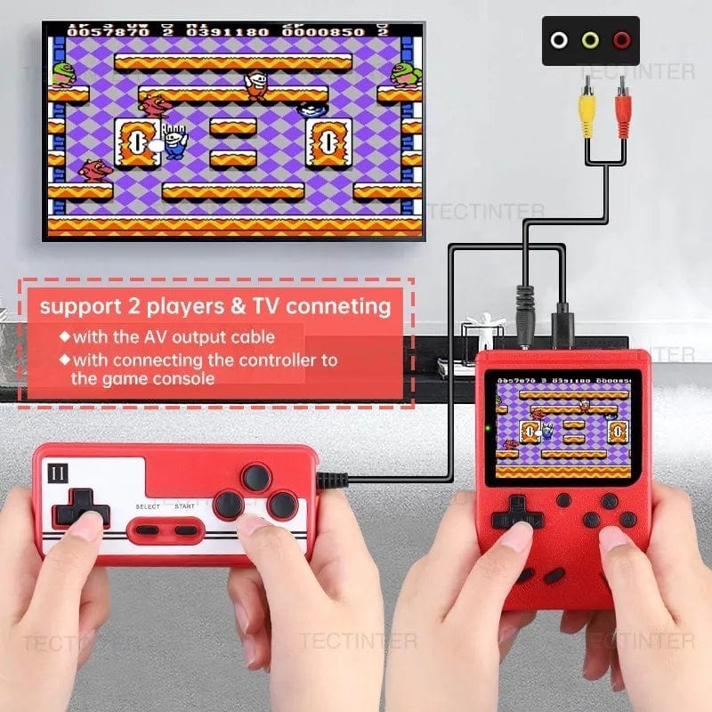Showlu Fashion Store TECTINTER retro handheld game console with 8-bit design, 500 built-in games, portable and suitable for kids.