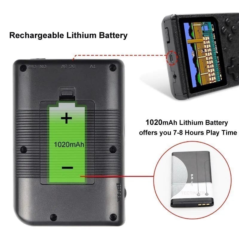 Showlu Fashion TECTINTER Retro Handheld Game Console with 8-bit design and 500 built-in games, portable gaming device for kids.