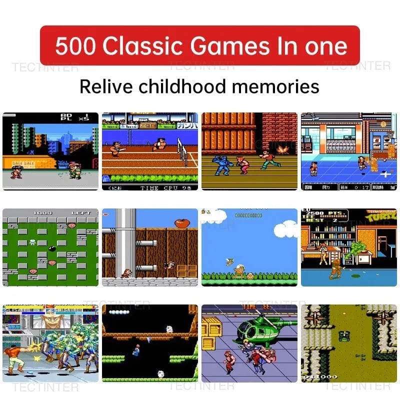 Showlu Fashion TECTINTER retro handheld game console with 8-bit design, 500 built-in games, portable AV output for kids.