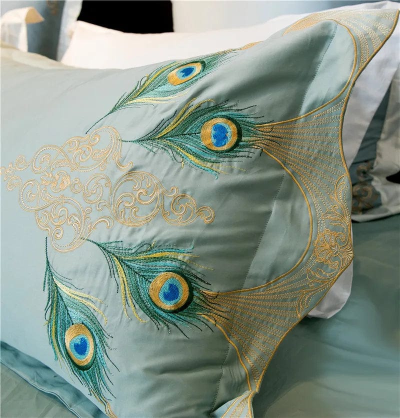 Luxury IvaRose Egyptian Cotton Peacock duvet cover set for Cal King, includes duvet, bedsheet, and pillow shams with elegant embroidery.