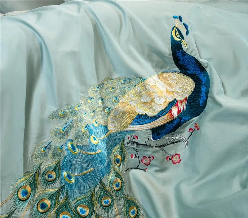 Luxury IvaRose Peacock Egyptian Cotton duvet cover set with embroidered bedding in Cal King size, including duvet cover, bedsheet, and pillow shams.