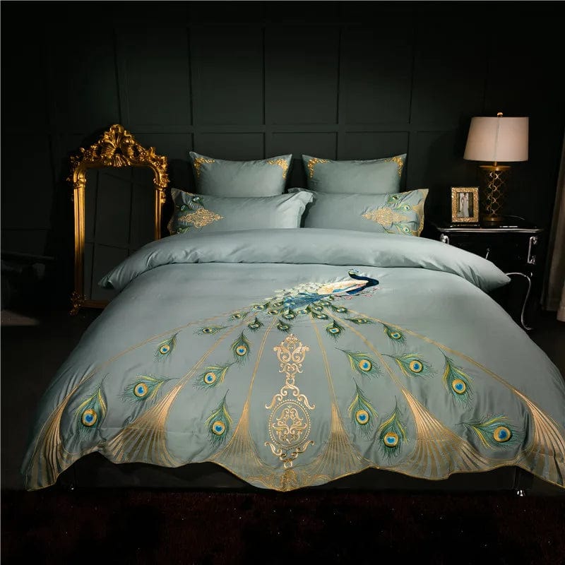 Luxury IvaRose peacock Egyptian cotton duvet cover set with embroidery, cal king size, includes duvet cover, bedsheet, and pillow shams