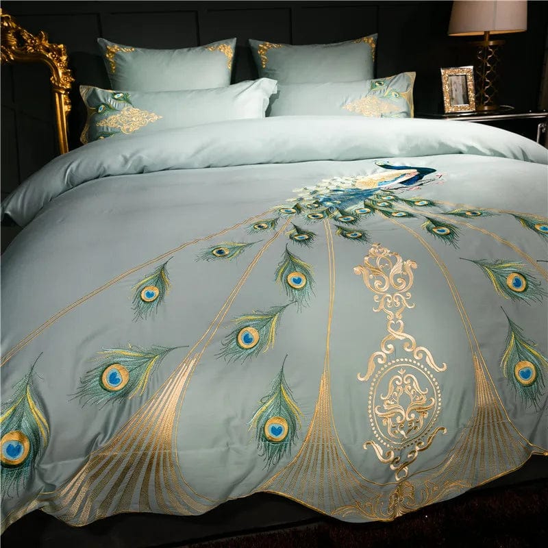 Luxury IvaRose Peacock Egyptian Cotton Duvet Cover Set in Cal King size with elegant embroidery and matching pillow shams.