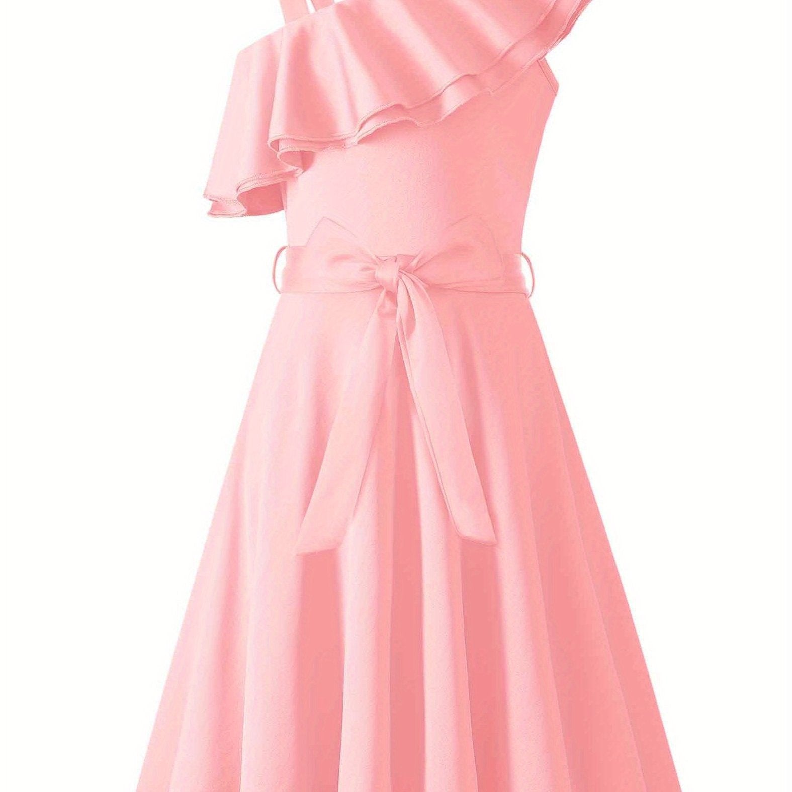 SHOWLU FASHION girls' polka dot one-shoulder ruffle A-line dress displayed on a hanger, featuring a playful polka dot pattern and ruffle details.