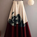 SHOWLU FASHION floral print midi skirt in beige and red roses, A-line cut, perfect for stylish spring or summer outfits.