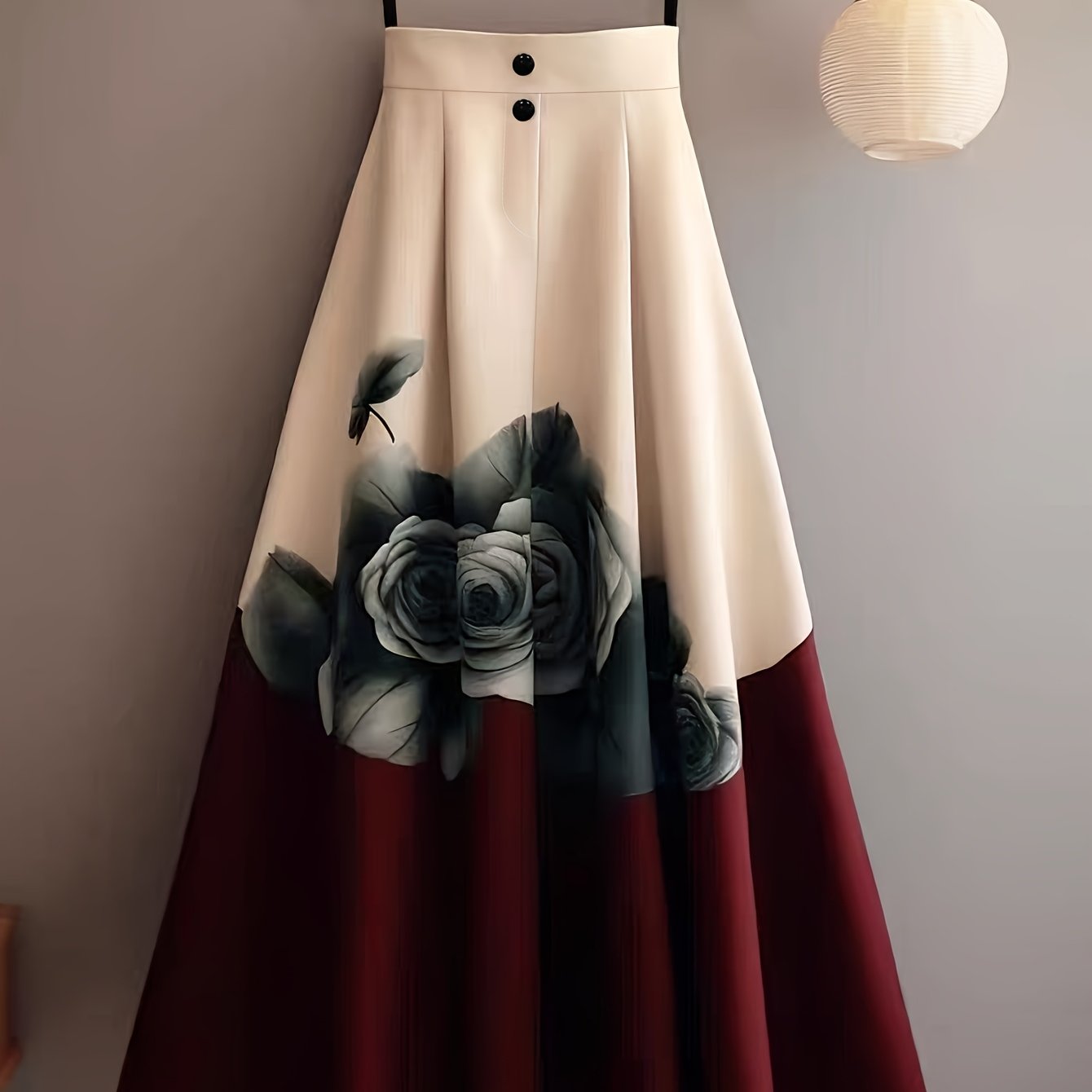 SHOWLU FASHION floral print midi skirt in beige and red roses, A-line cut, perfect for stylish spring or summer outfits.