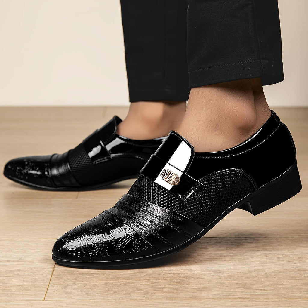 Black men's slip-on dress shoes with embossed pointed toe loafers by SHOWLU FASHION STORE, stylish and sleek footwear.