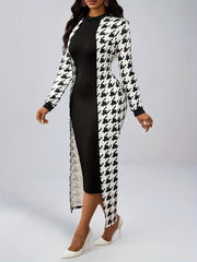 Women's Fashionable and Elegant Casual Houndstooth Pattern Long Sleeve Dress without Belt, Elegantly Targeted