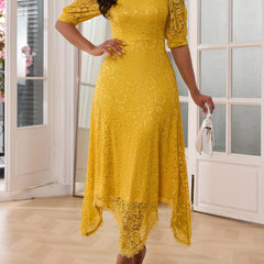 Women's Elegant Yellow Lace Dress - Slim-Fit Round Neck Long Sleeve A-Line with Asymmetrical Hem, Machine Washable Mid-Stretch Fabric for All-Season Wear HRYY281, Stylish Occasion Attire, Formal Evening Wear, Sleek Silhouette