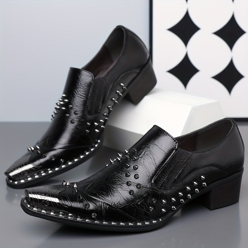 Men's pointed toe slip-on business casual shoes by Showlu Fashion, punk style PU with sleek black leather finish.