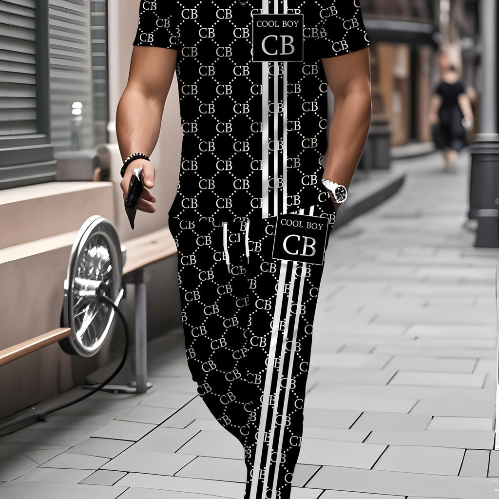 Zhiyu OBM men's 2-piece sportswear set with casual crew neck T-shirt and pants in black and white, made by SHOWLU FASHION STORE