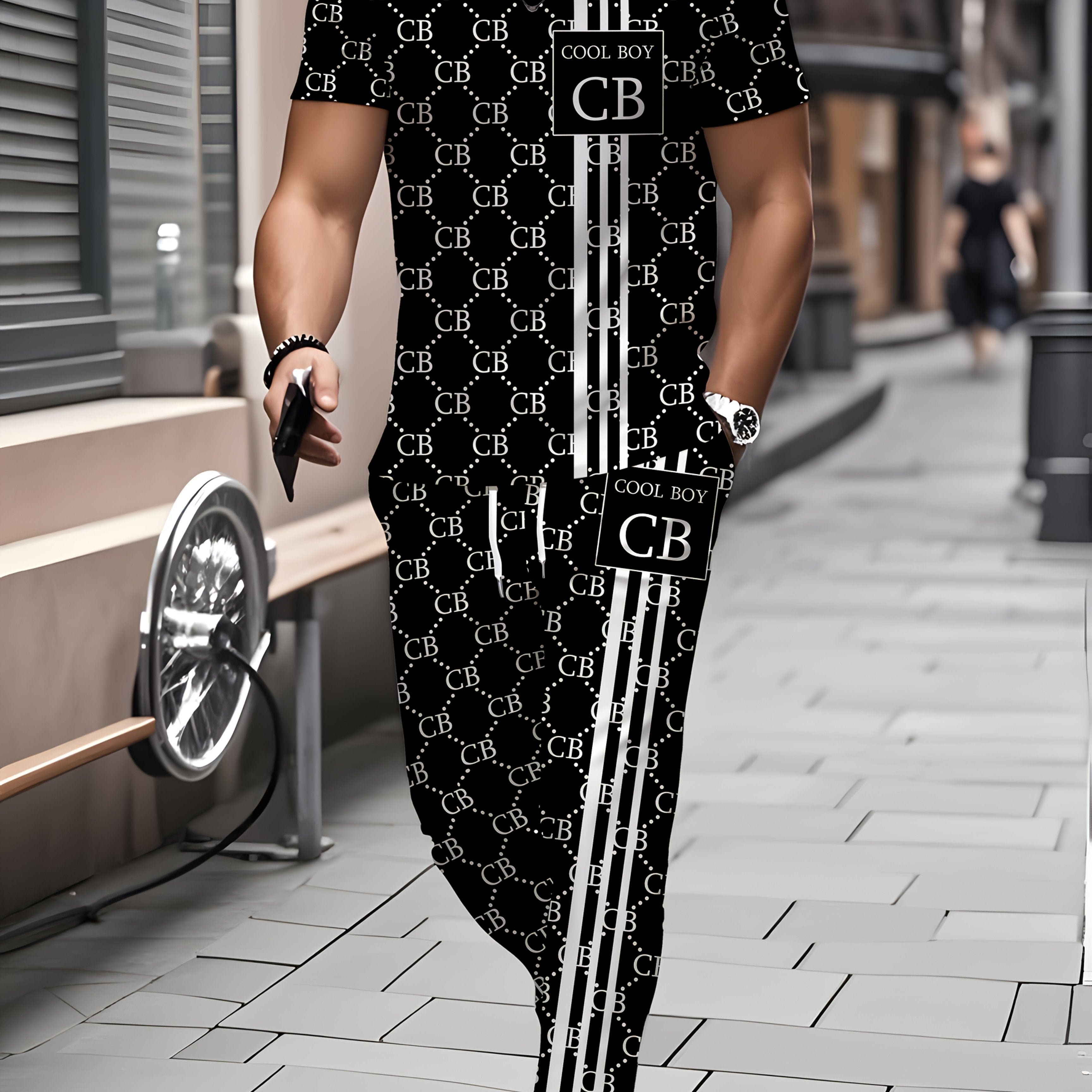 Zhiyu OBM men's 2-piece sportswear set with casual crew neck T-shirt and pants in black and white, made by SHOWLU FASHION STORE