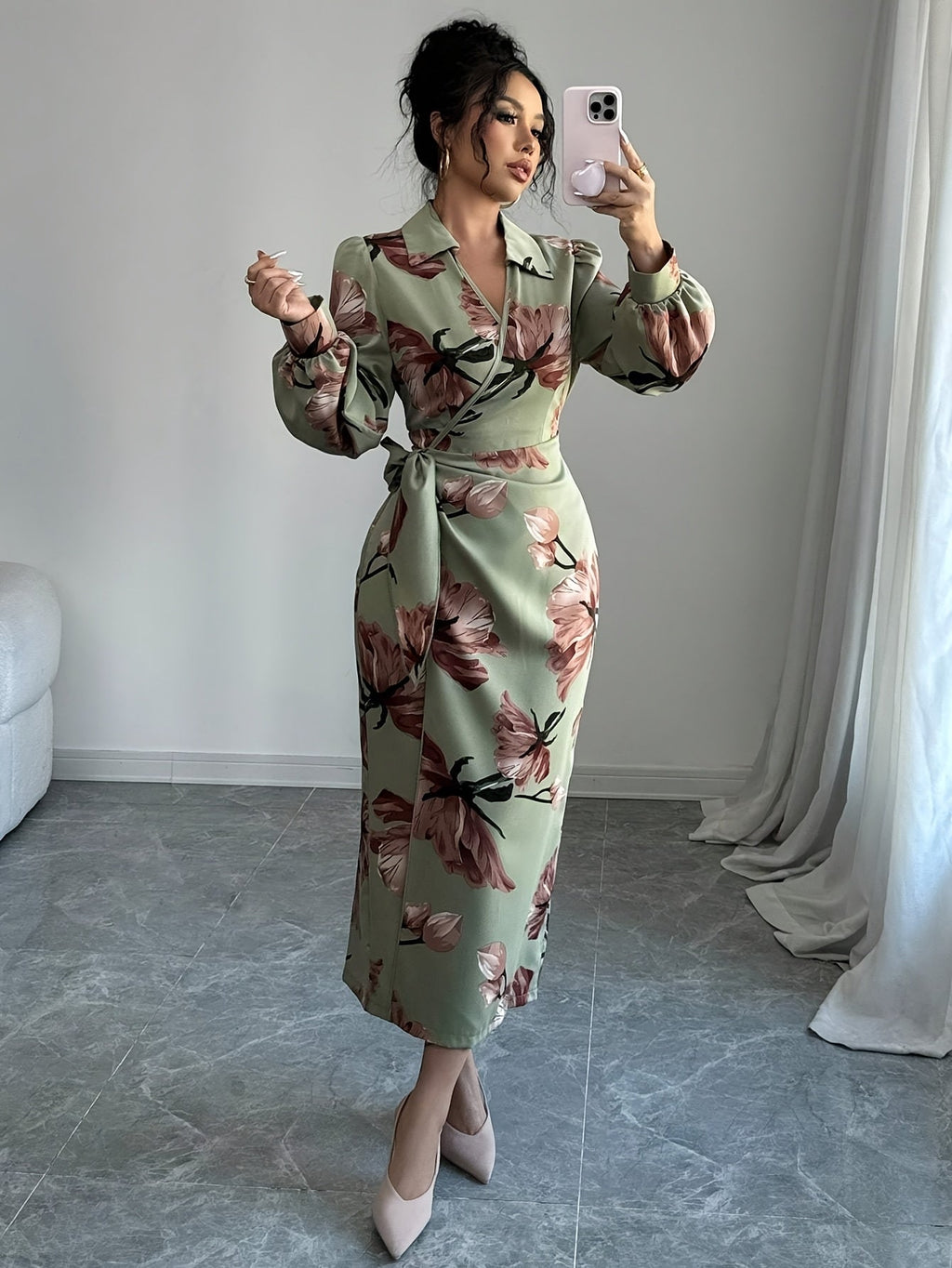 SHOWLU FASHION floral V-neck midi dress with long lantern sleeves and bodycon fit, featuring a vibrant floral pattern.