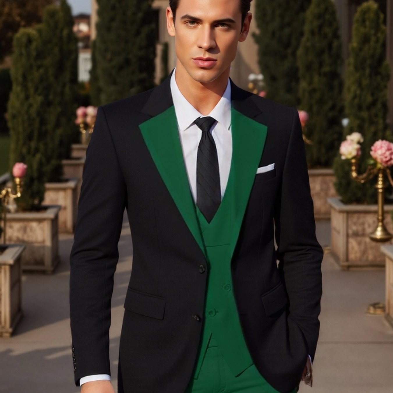 SHOWLU Men's 3-piece slim fit wedding tuxedo with jacket, vest, and pants, tailored for formal occasions.