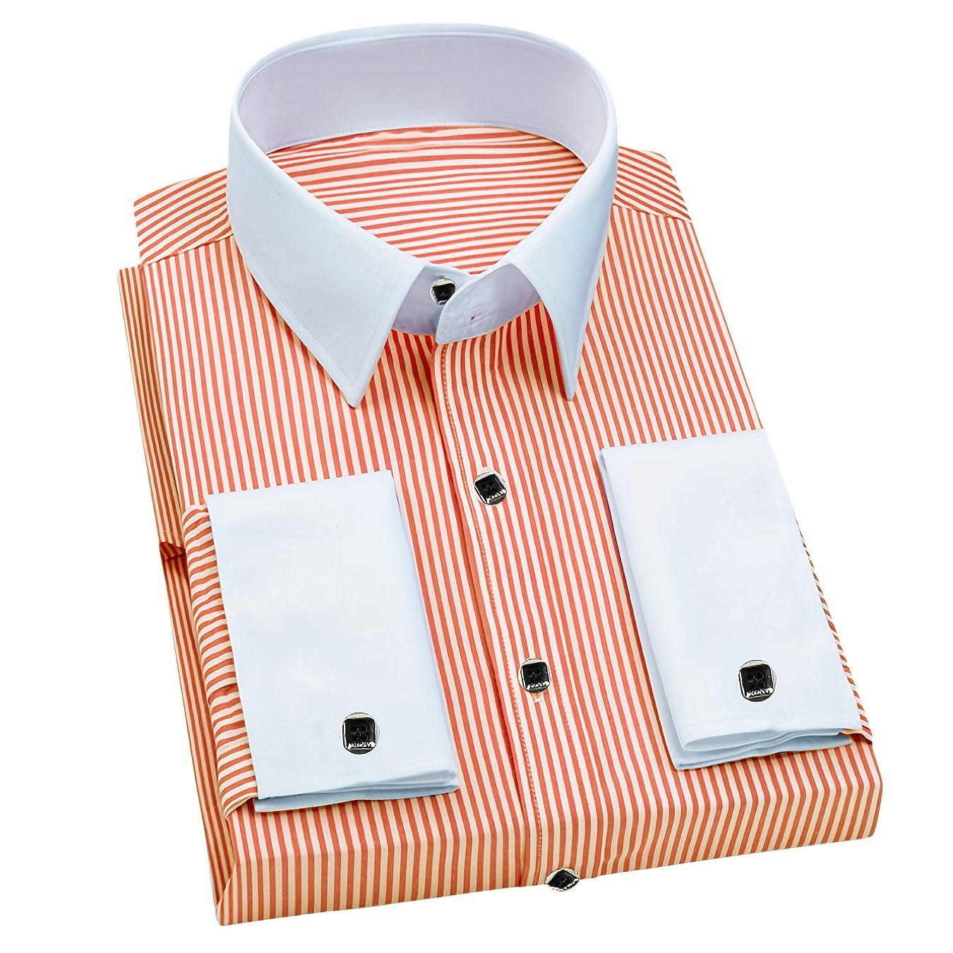 Showlu men's slim fit striped formal shirt with French cuffs, made of polyester, displayed on a hanger.