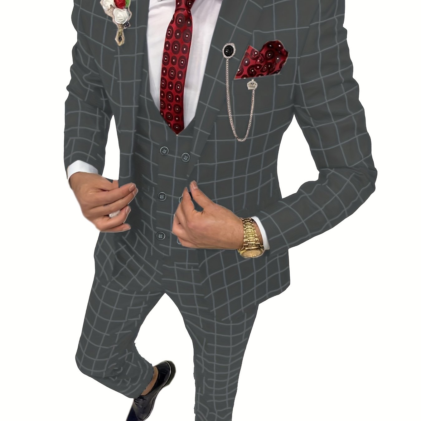 Men's slim fit plaid suit with peak lapel tuxedo jacket, matching trousers, and vest by SHOWLU FASHION STORE.