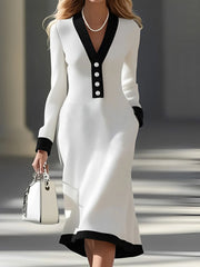 Elegant Women's V-Neck Midi Dress with Contrast Black Trim & Pockets - Long Sleeve A-Line Skirt, Button Detail, Machine Washable Work Commute Dress for Spring Summer Fall, Nontransparent Material, Medium Elasticity Fabric, Of