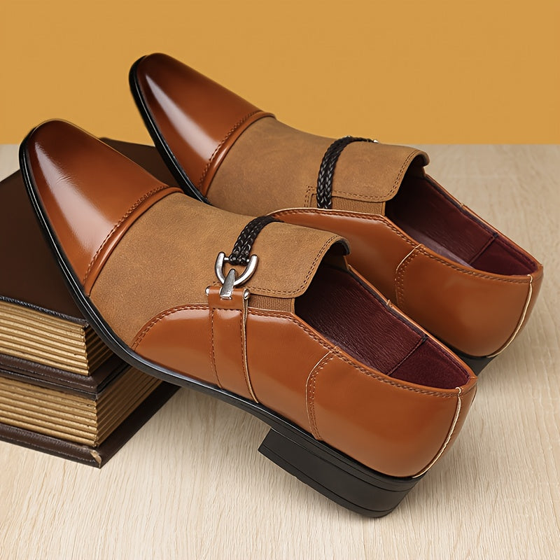 Men's pointed toe slip-on dress shoes by Showlu Fashion, made of black PU leather, featuring sleek loafers for business or formal wear.