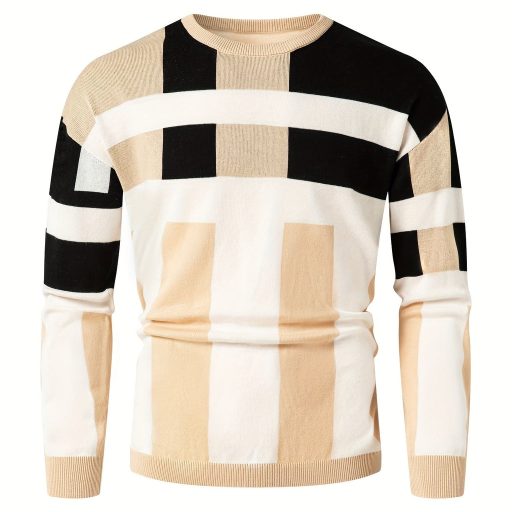 Men's color block knit sweater by SHOWLU FASHION STORE, slim fit viscose crew neck pullover with vibrant color blocking details.