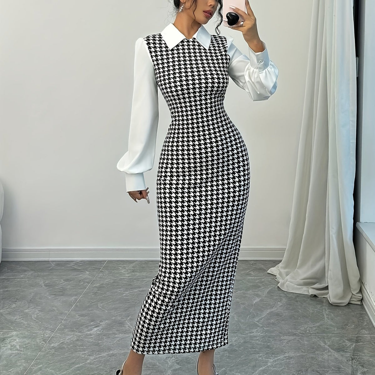 Women's Elegant Houndstooth Print Puffed Sleeve Bodycon Dress - Black & White Contrast, Machine Washable, All-Season Versatile Fit, Clothes for Ladies, Formal Attire, Classic Collared Top, Medium Elasticity