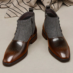 Men's brown pointed-toe boots featuring a glossy finish and grey herringbone fabric side panels.