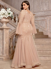 Elegant Plus Size Sequin Lace Dress with V-Neck & Long Bell Sleeves - Fitted Waist Mermaid Tulle Hem Formal Gown for Weddings, Parties, Spring/Summer Events, Mermaid Wedding Dress, Wedding Guest Attire, Sophisticated Craftsma