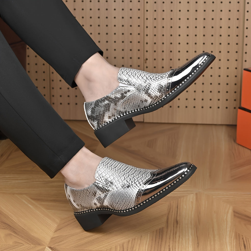 Men's snake scale patchwork slip-on formal shoes with chunky heel by Showlu Fashion Store, featuring a stylish and textured design.