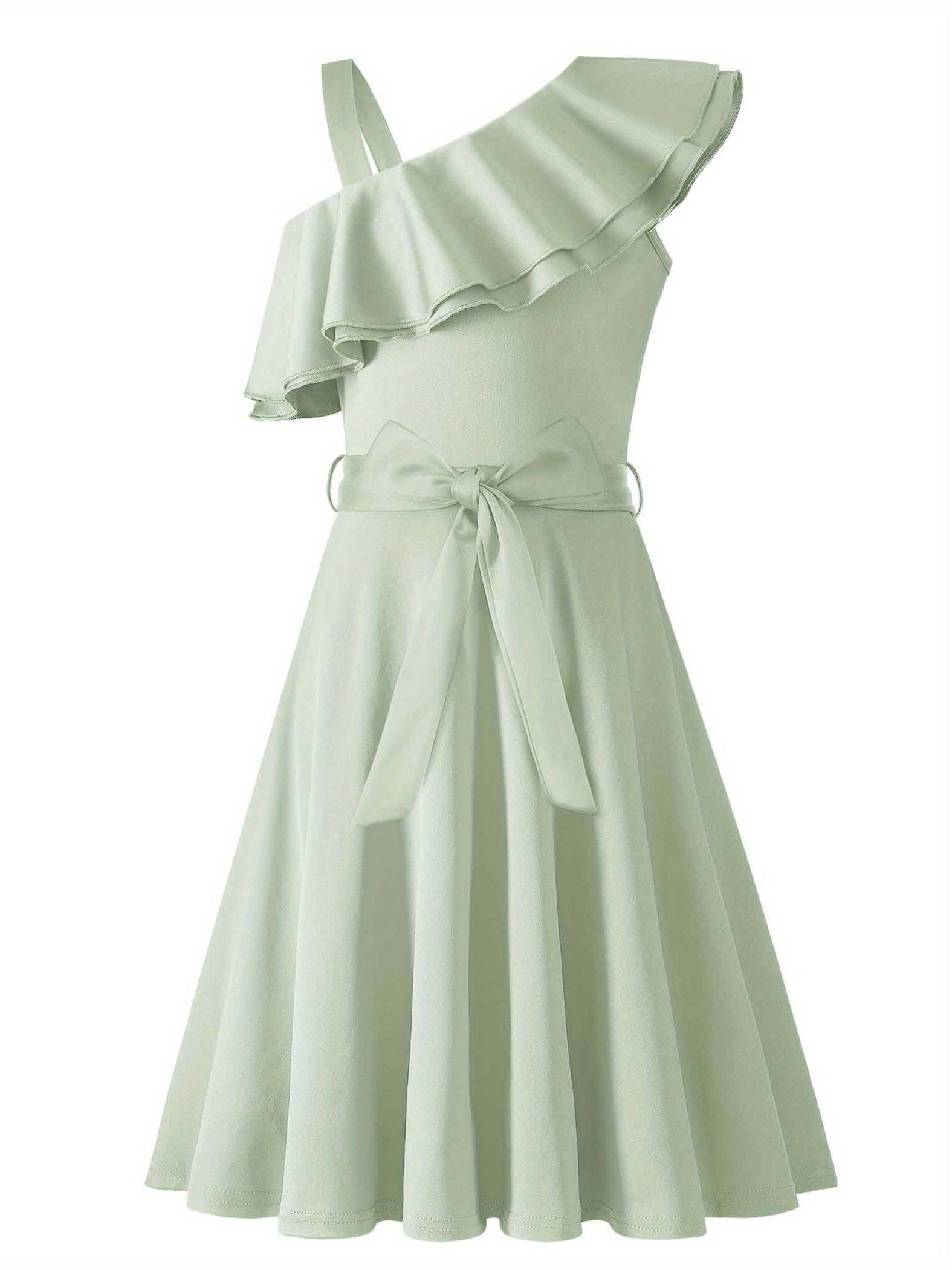 Girls' polka dot one-shoulder ruffle A-line dress by SHOWLU FASHION with a playful, stylish design and feminine ruffle details.