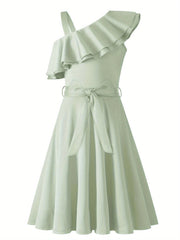 Girl's Sleeveless Polka Dot A-Line Dress with Ruffled One-Shoulder Design and Waist Bow - Black & White Summer Dress for Youngsters 5-12 Years