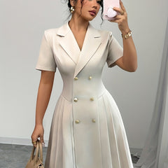 Women'S Elegant French-Inspired V-Neck Double-Breasted A-Line Short Sleeve Dress - Light Beige, Asymmetrical Hem, Button Detail, Perfect for Spring/Summer Commute, Spring Summer Dress | Vneck Dress | Structured Fit