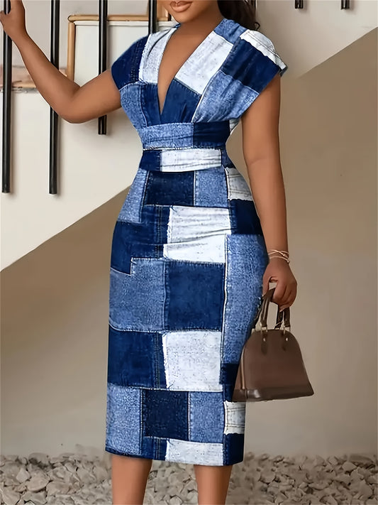 Plaid Print V-neck Short-sleeved Dress For Women, Spring/summer