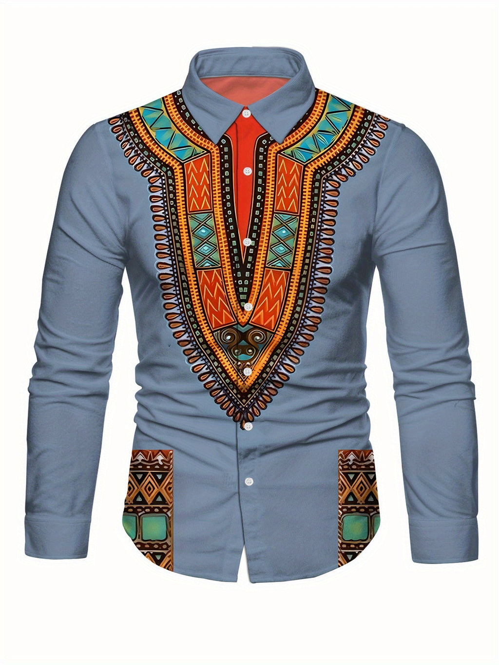 Light blue SHOWLU FASHION men's mandala print long sleeve dress shirt with intricate pattern and classic collar.