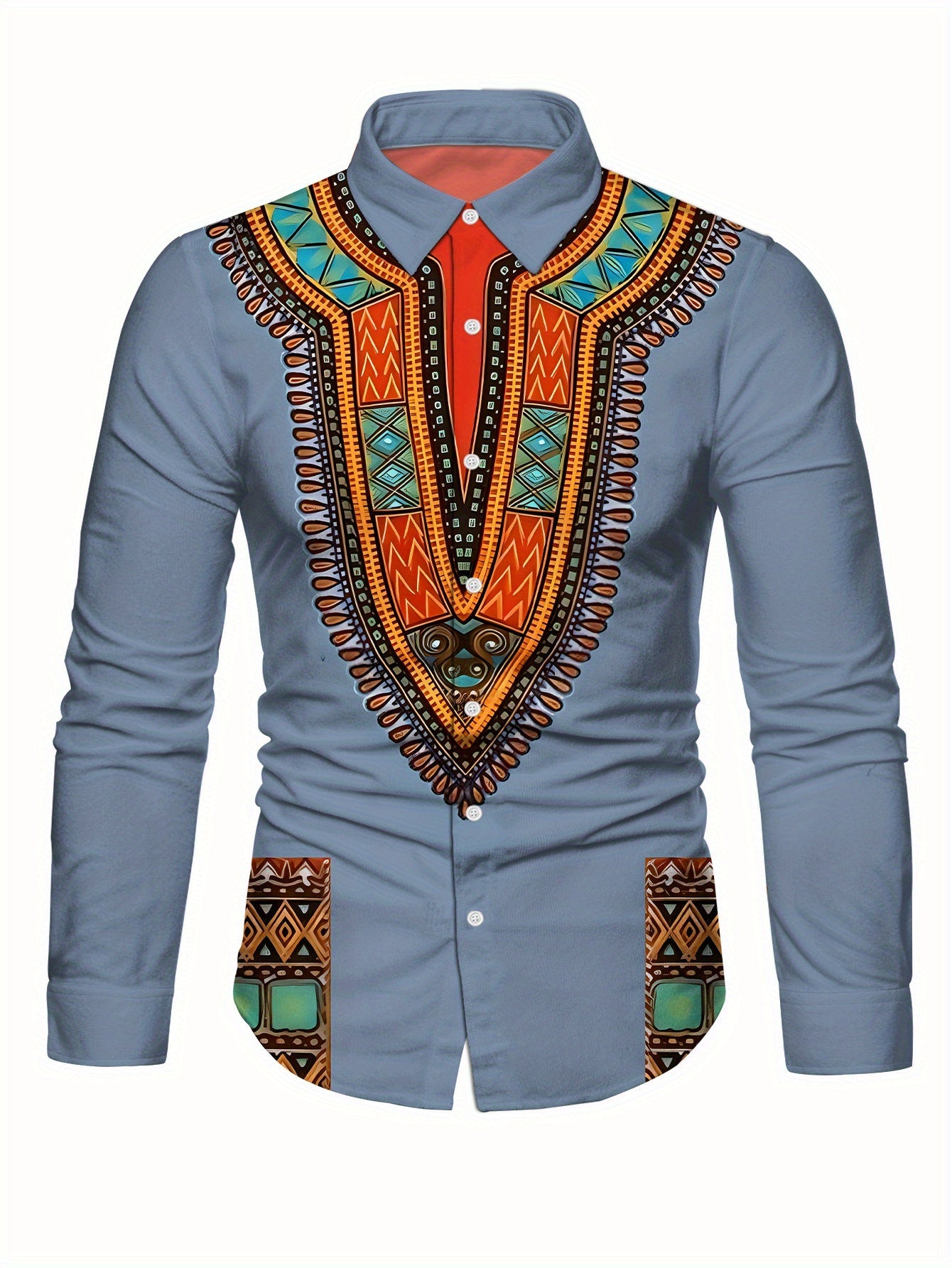 Light blue SHOWLU FASHION men's mandala print long sleeve dress shirt with intricate pattern and classic collar.