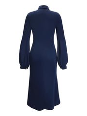 Elegant Navy Blue Long Dress for Women - Slim Fit, V-Neck, Lantern Sleeves with Button Detail, Perfect for Spring/Fall, Stylish Button-Up Dress|Sleek Fitted Dress|Polyester Fabri