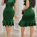 Emerald green SHOWLU FASHION V-neck ruffled sleeve bodycon midi dress displayed on a hanger.