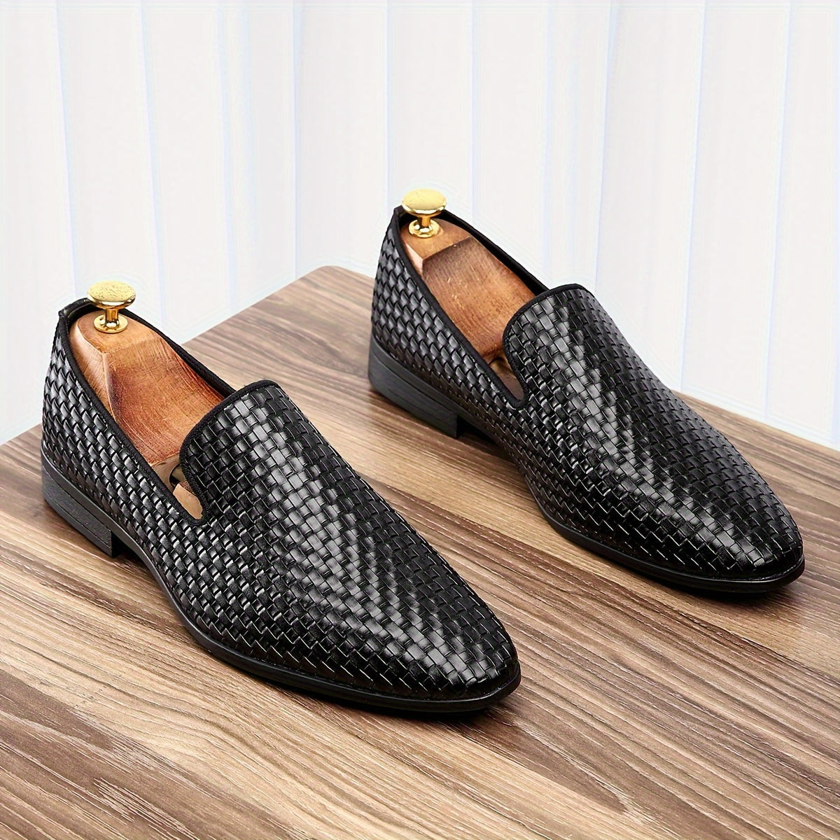 SHOWLU men's black and gold woven PU loafers with comfortable design, ideal for driving and casual wear.