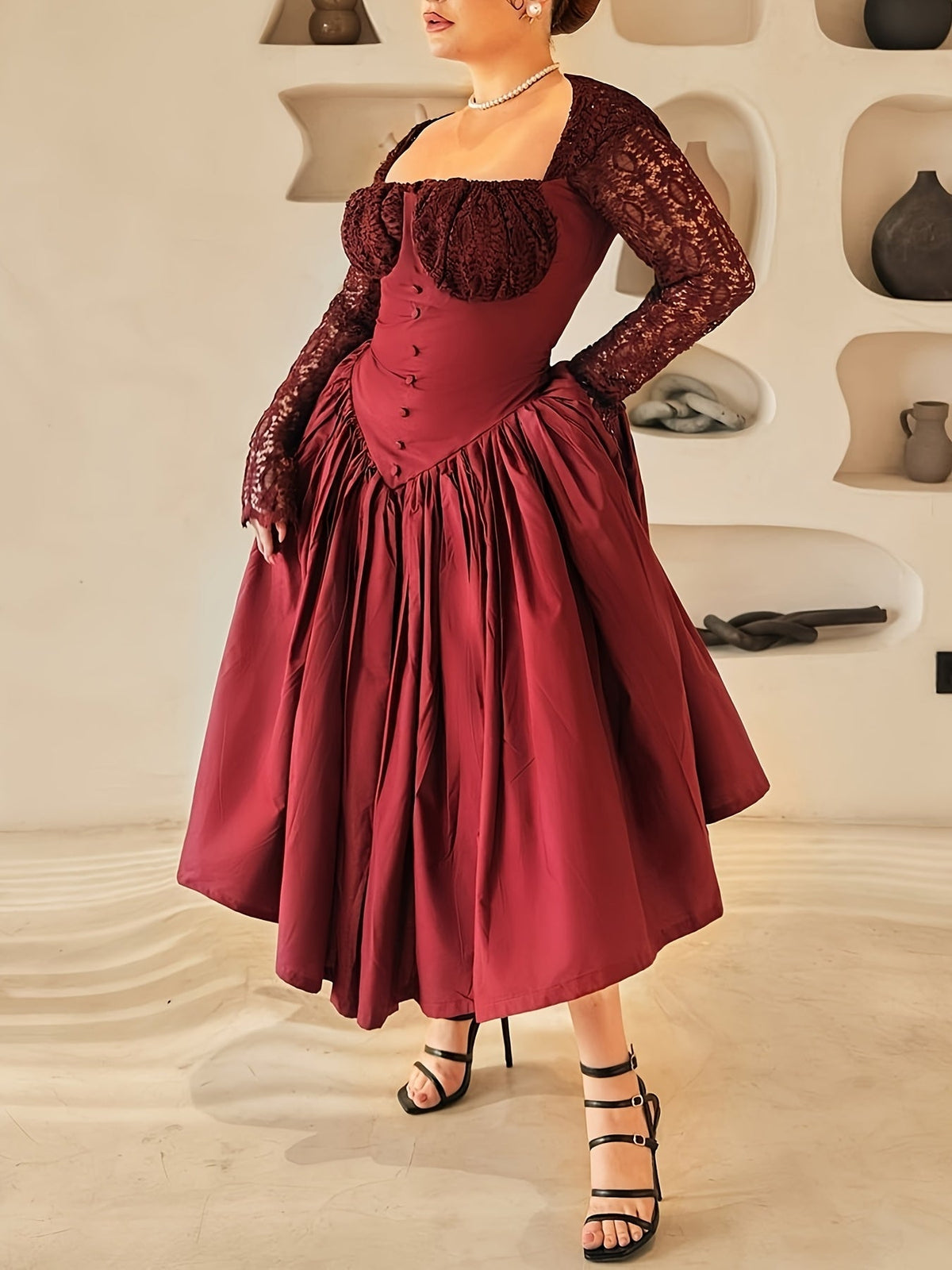 Showlu Fashion women's square neck lace stitching long sleeve party dress displayed on a hanger.